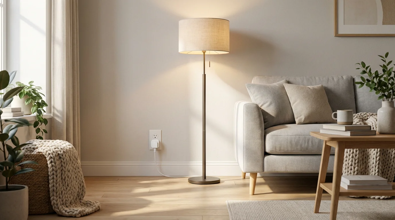 A budget-friendly smart plug connecting a floor lamp in a sunlit living room.