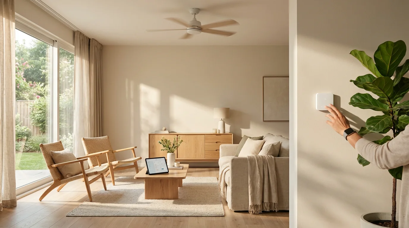 A budget smart thermostat mounted on a wall in a sunlit, modern living room.