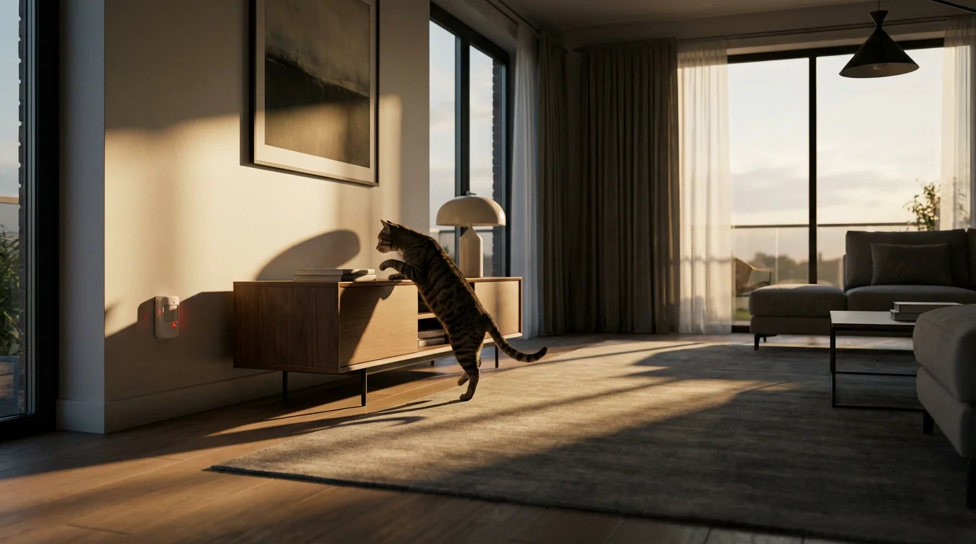 A cat climbing on a console table, triggering a smart home motion sensor.