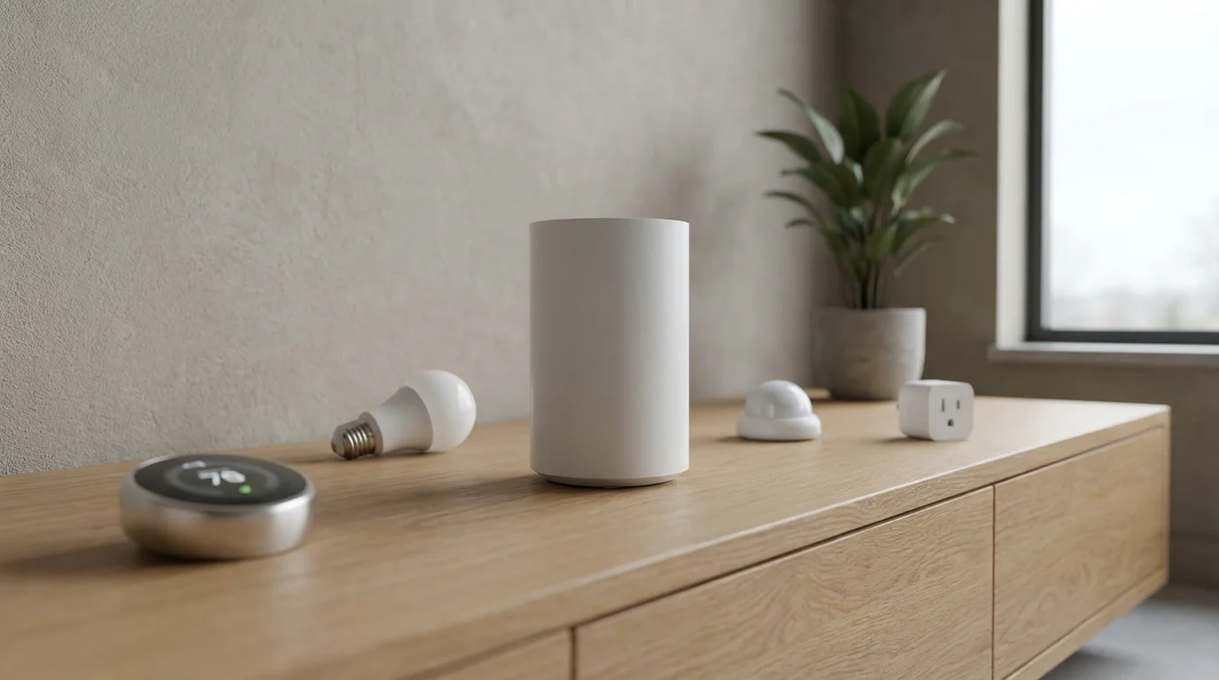 A central smart home hub on a table, surrounded by various smart home devices.