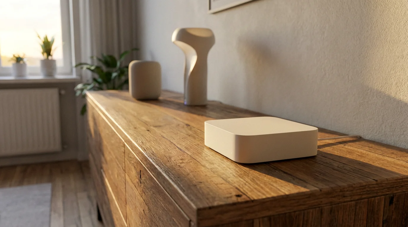 A central smart home hub on a wooden console table during a warm golden hour.