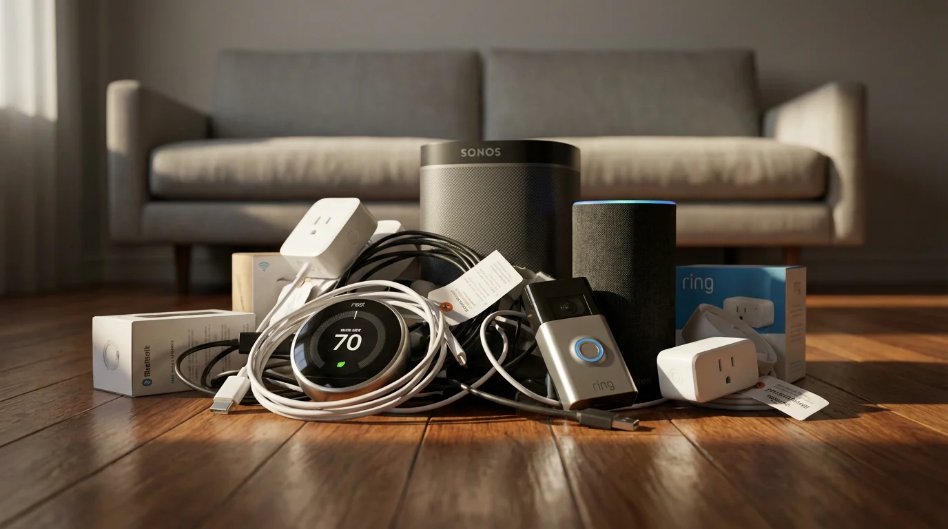 A chaotic pile of various new smart home devices on a modern living room floor.