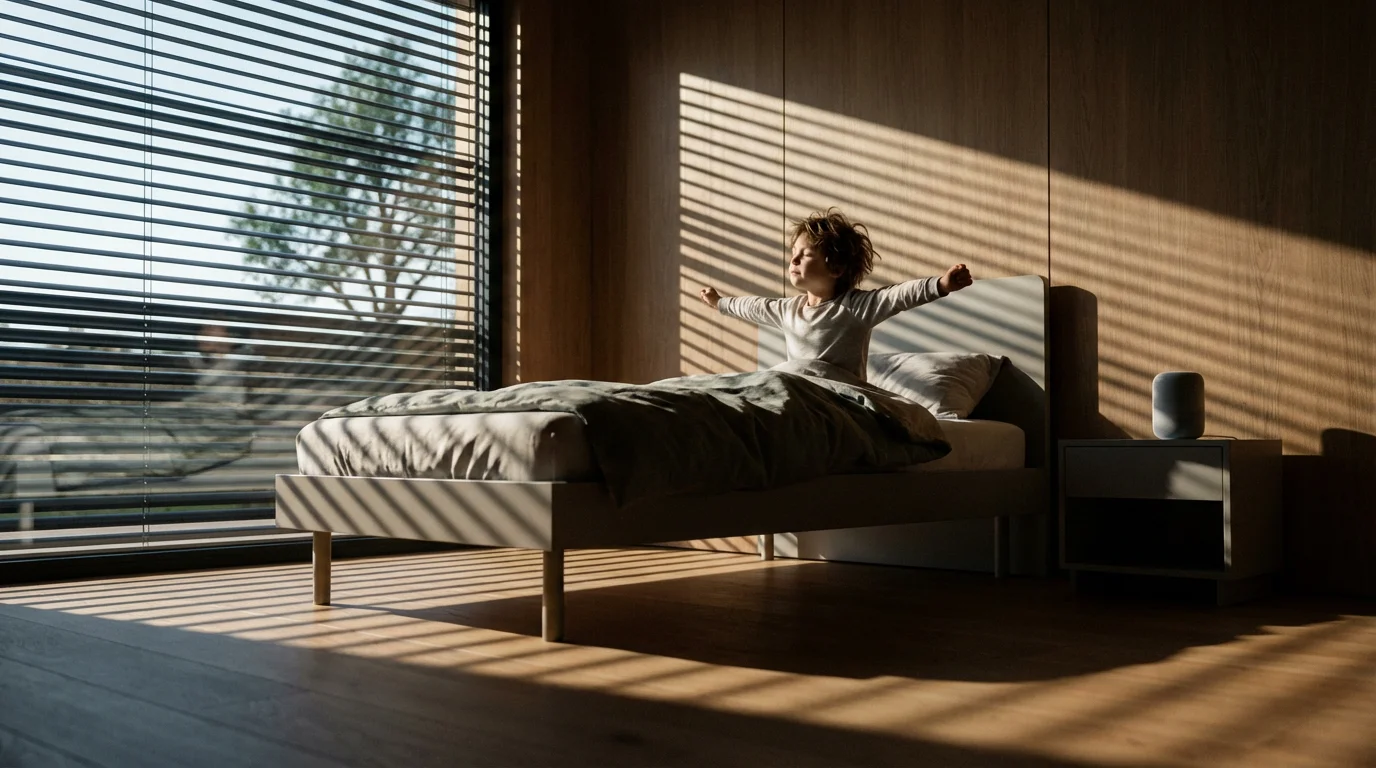 A child wakes up calmly in their bedroom as automated blinds open, creating shadows.