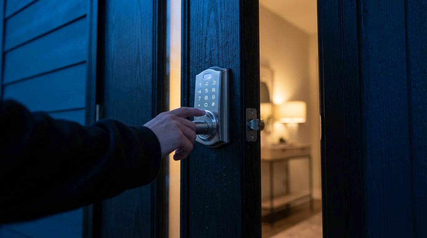 A close-up, low angle photograph of a hand using a modern smart lock.