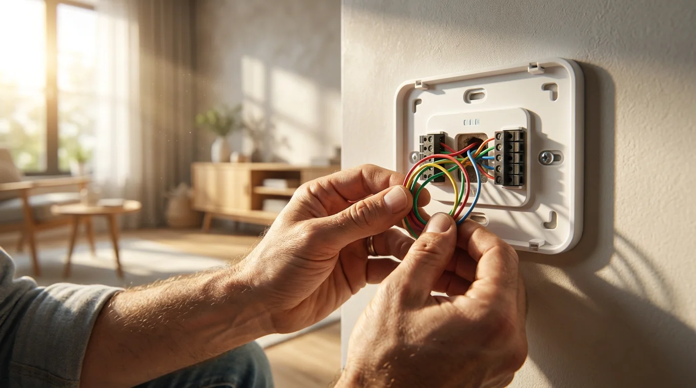 A close-up low angle view of hands checking the wiring on a smart thermostat.