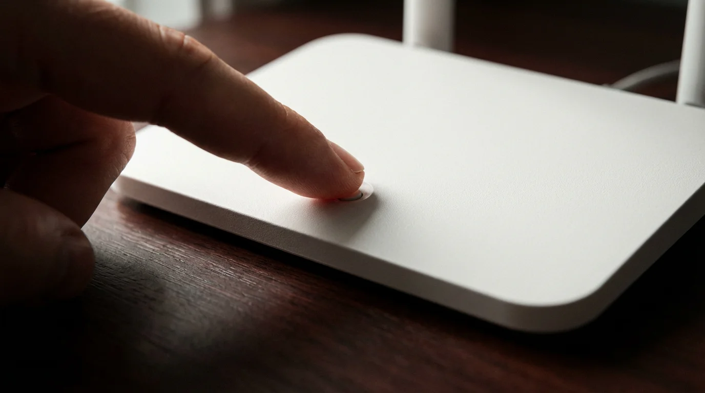 A close-up macro photo of a finger pressing the reset button on a router.