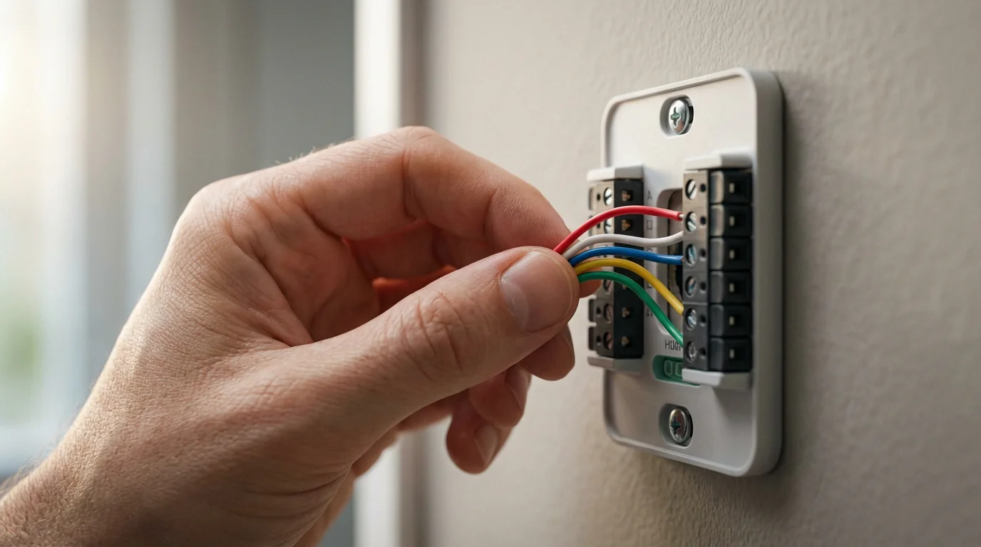 A close-up macro photo of a hand carefully wiring a smart thermostat base plate.