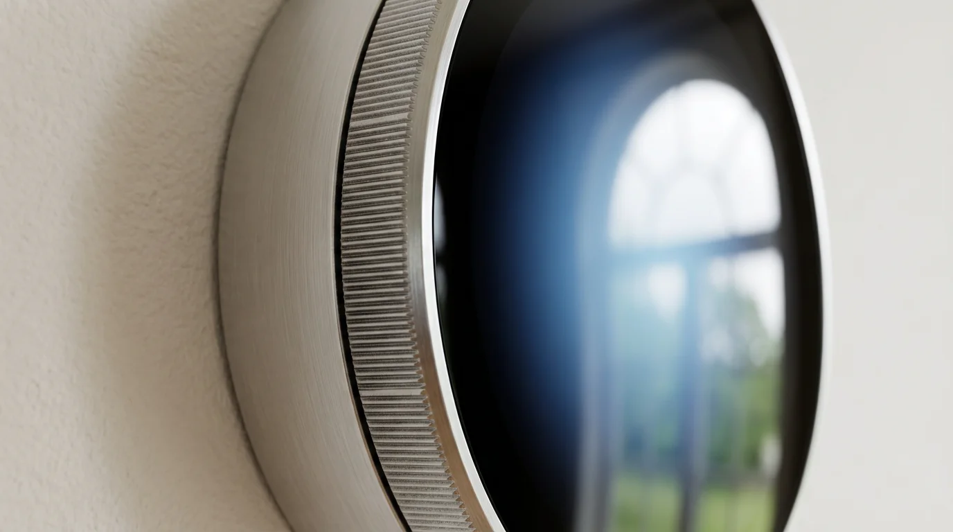 A close-up macro photo of a modern smart thermostat with a blue cooling screen.
