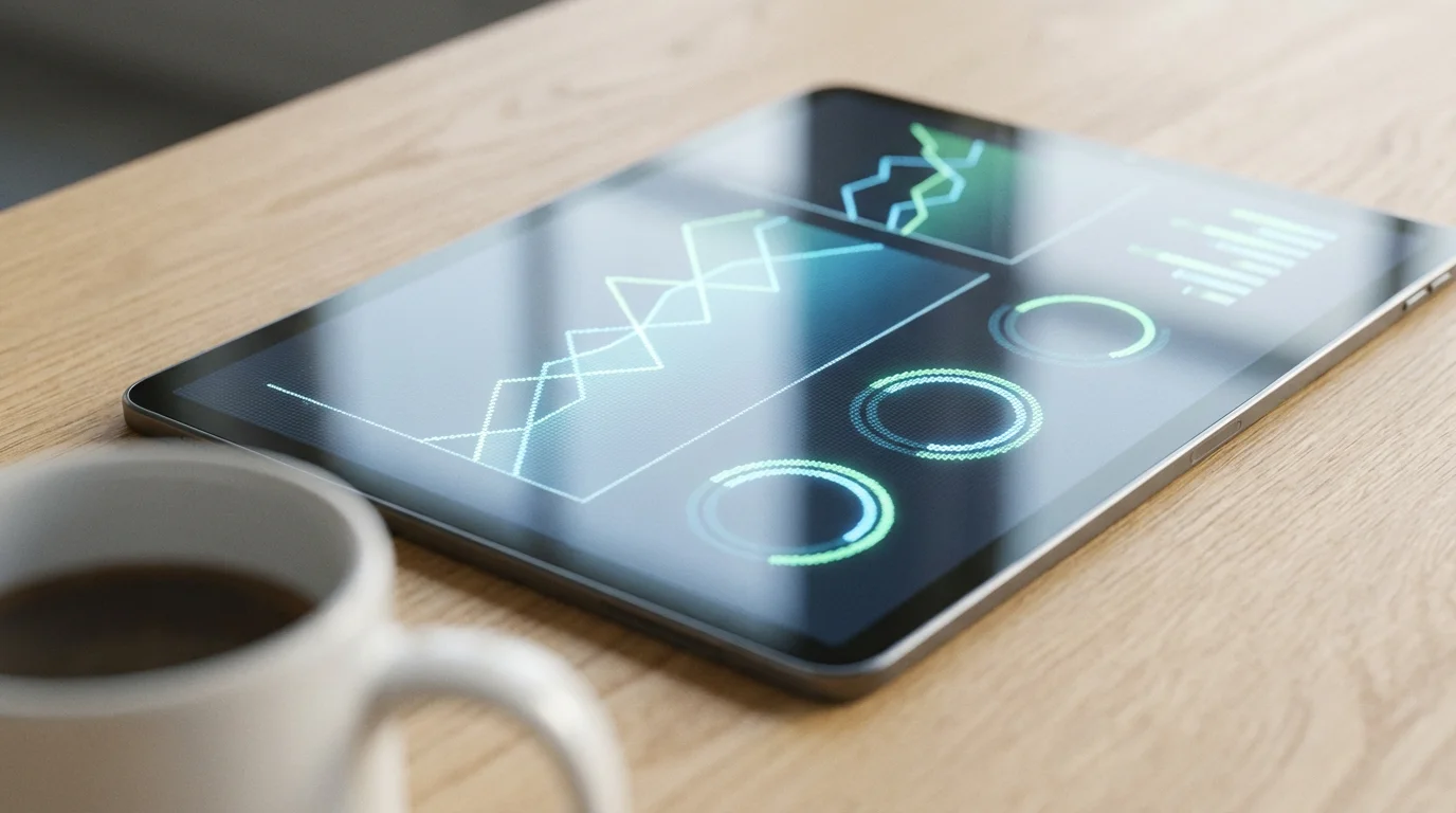 A close-up macro photo of a tablet screen showing abstract energy usage graphs.