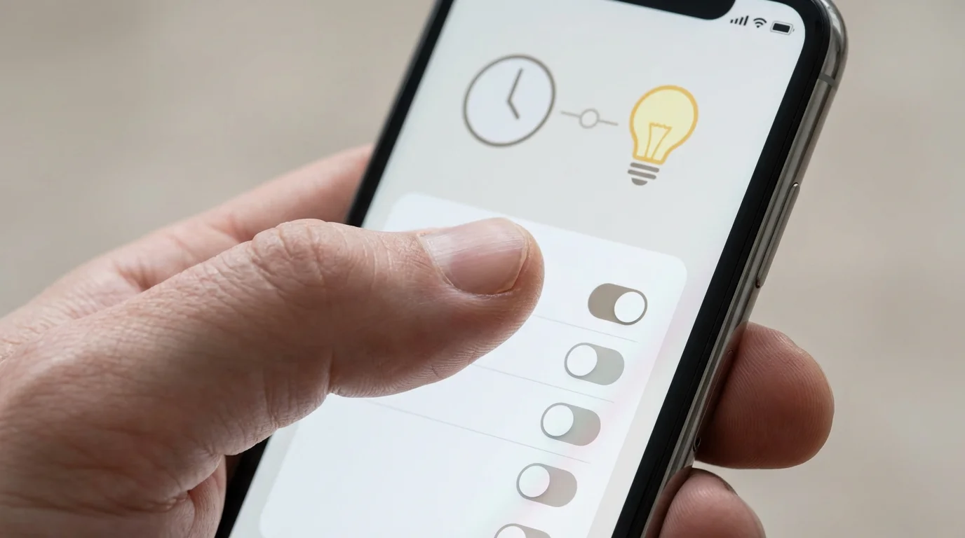 A close-up macro photo of a thumb over a smartphone screen showing a smart home app.
