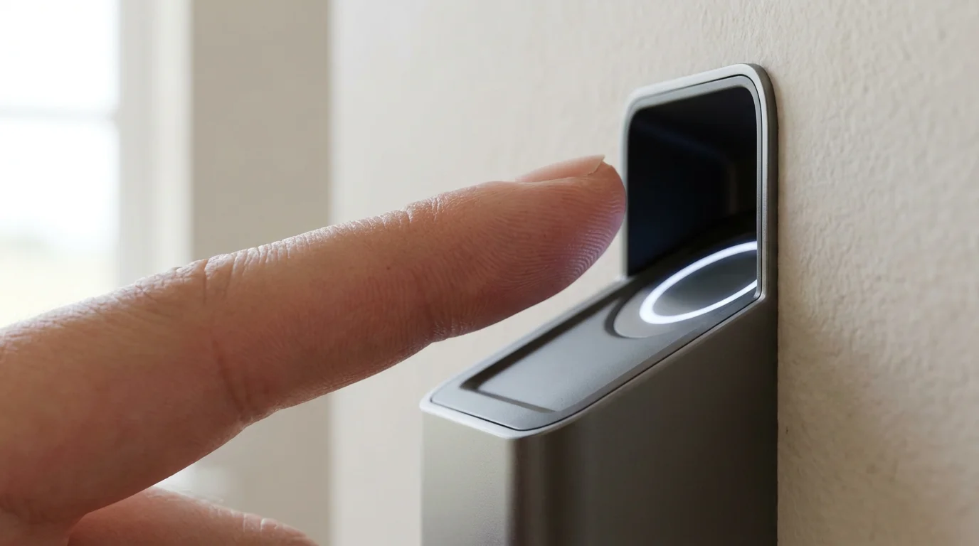 A close-up macro photograph of a finger activating a biometric security scanner on a wall.
