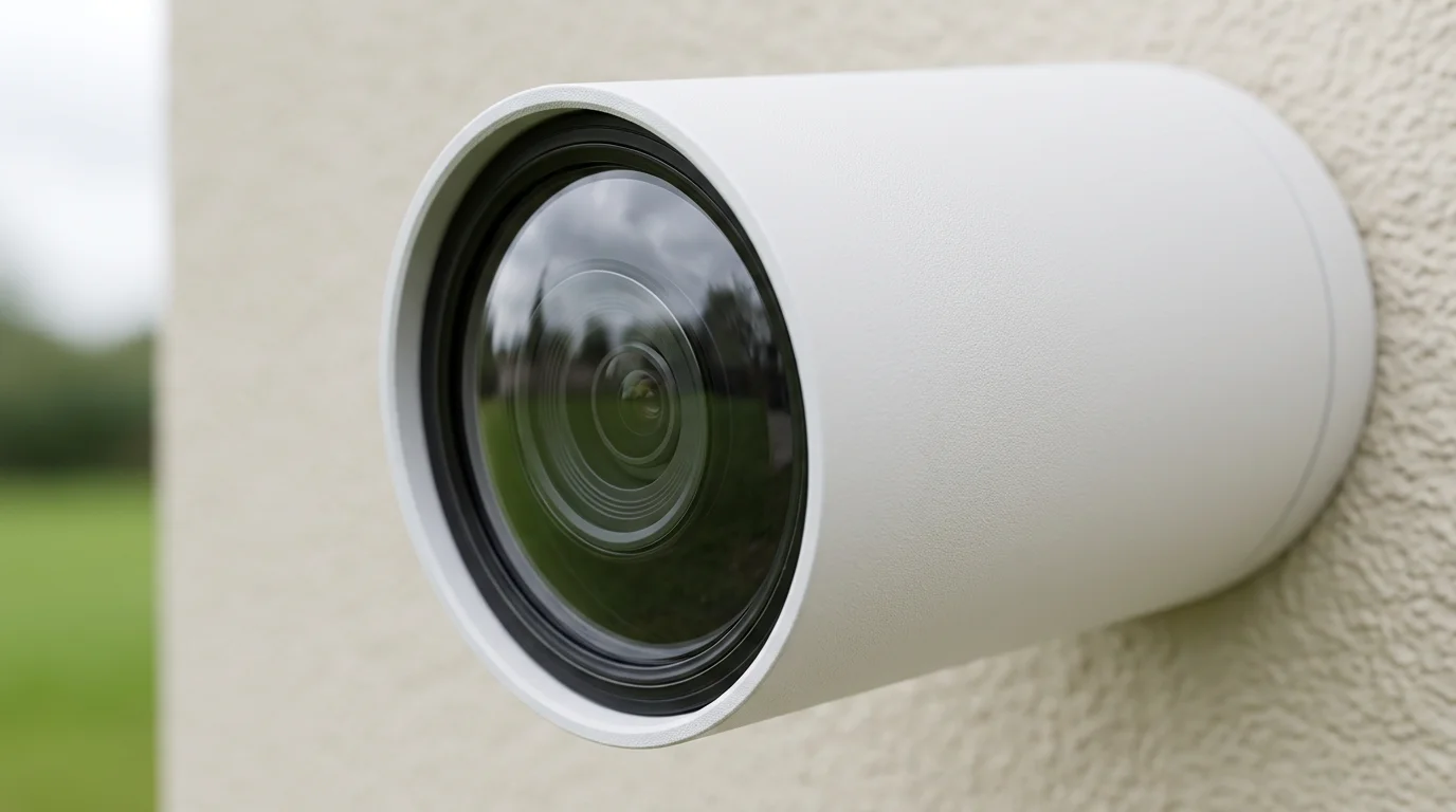 A close-up macro photograph of a modern white outdoor home security camera lens.