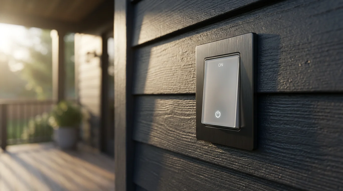 A close-up macro photograph of a modern smart light switch on a house exterior.