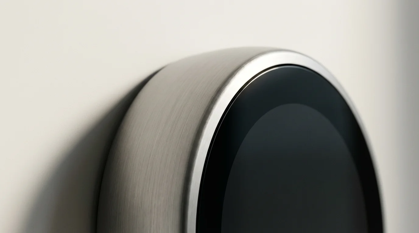 A close-up macro photograph of a modern, minimalist smart thermostat on a wall.