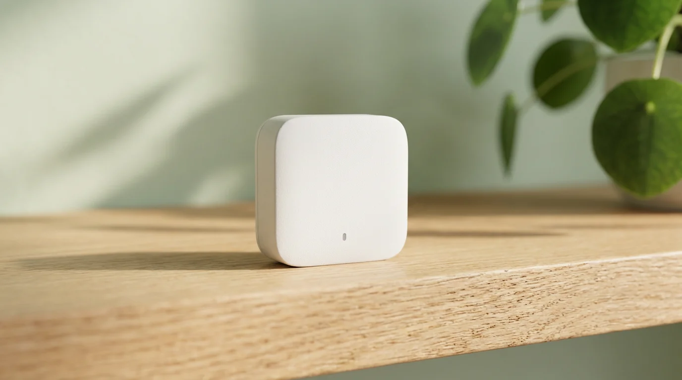A close-up macro photograph of a smart thermostat room sensor on a wooden shelf.
