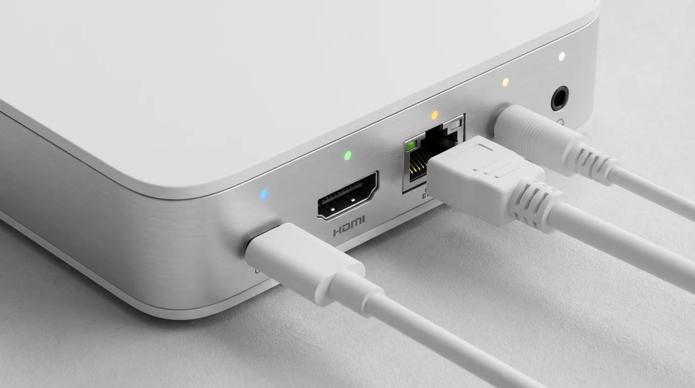 A close-up macro photograph of a unified smart home hub with multiple connections.