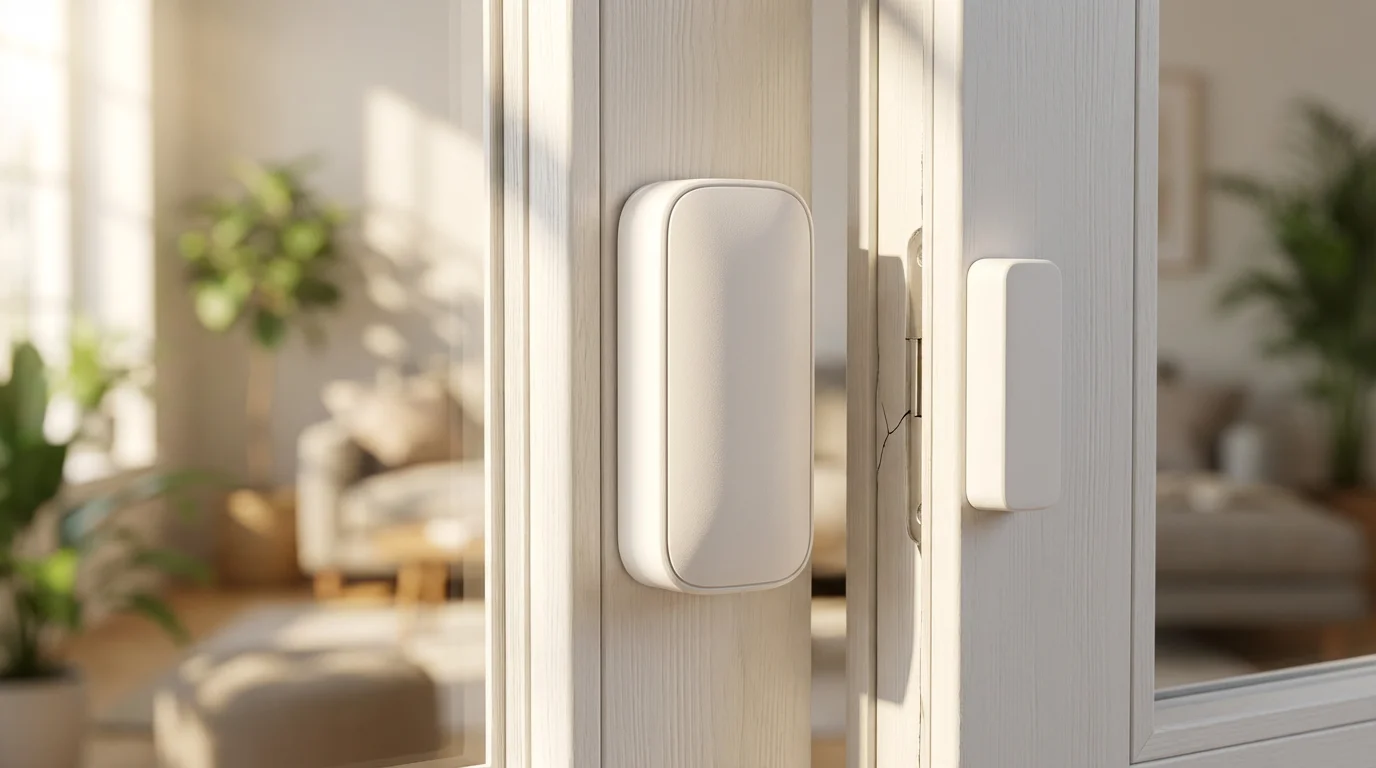 A close-up macro photograph of a white window security sensor with its two parts separated.