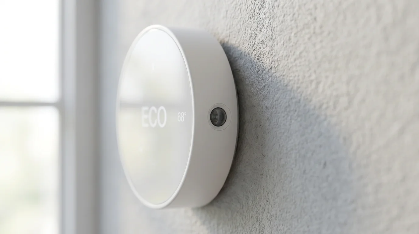 A close-up macro shot focusing on the motion sensor of a modern smart thermostat.