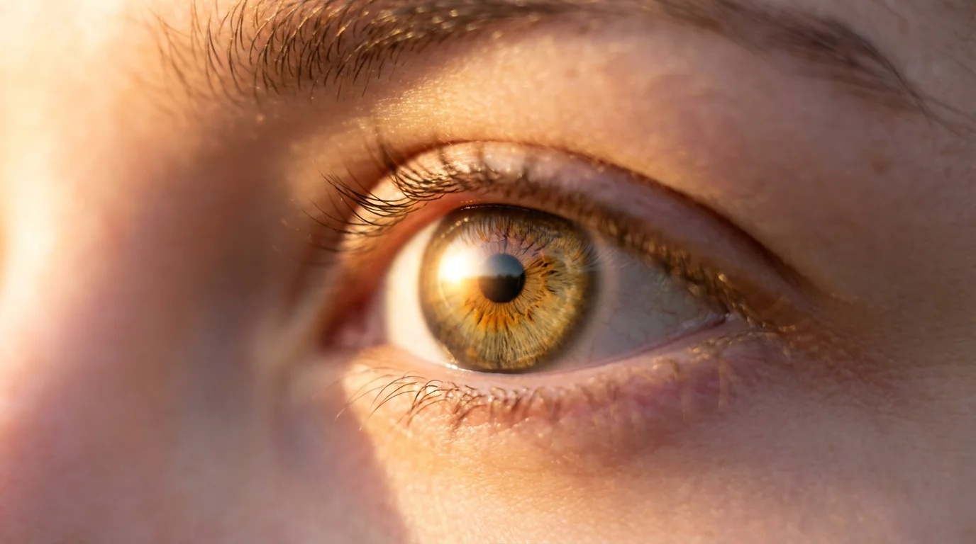 A close-up macro shot of a human eye reflecting the warm light of sunset.