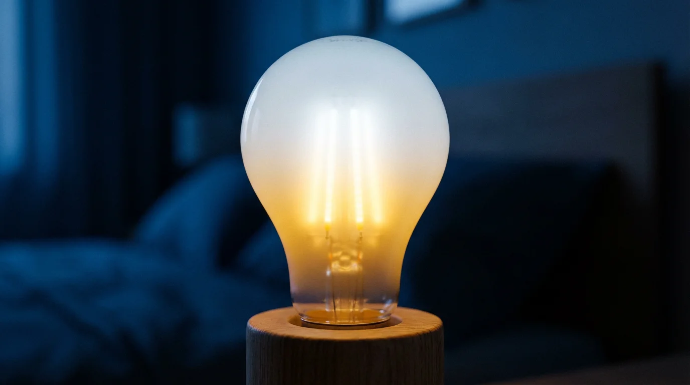 A close-up macro shot of a smart bulb displaying a cool-to-warm color gradient.