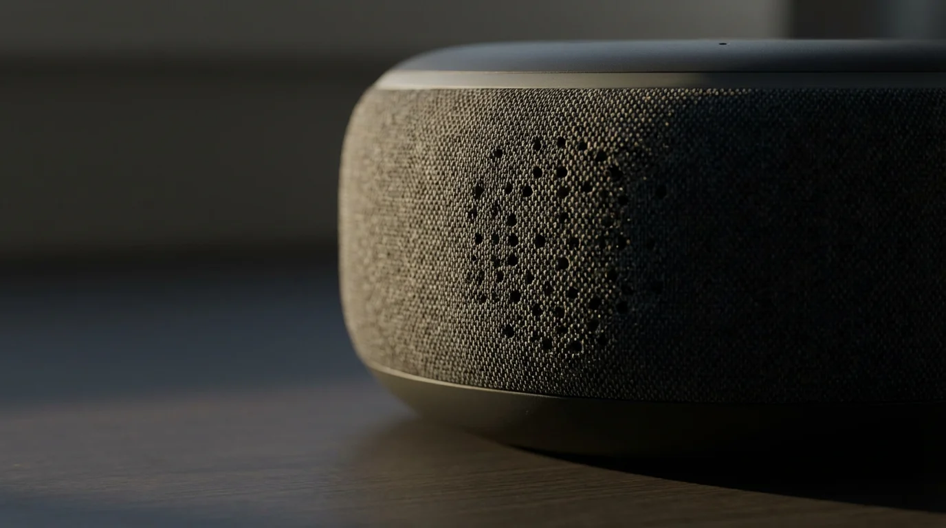 A close-up macro shot of a smart speaker's microphone grille with dramatic afternoon shadows.