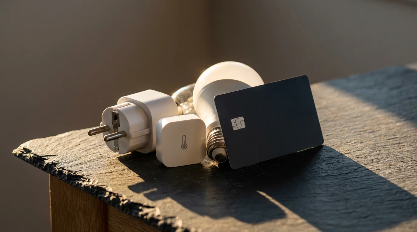 A close-up of a credit card lying next to a small pile of smart home devices.