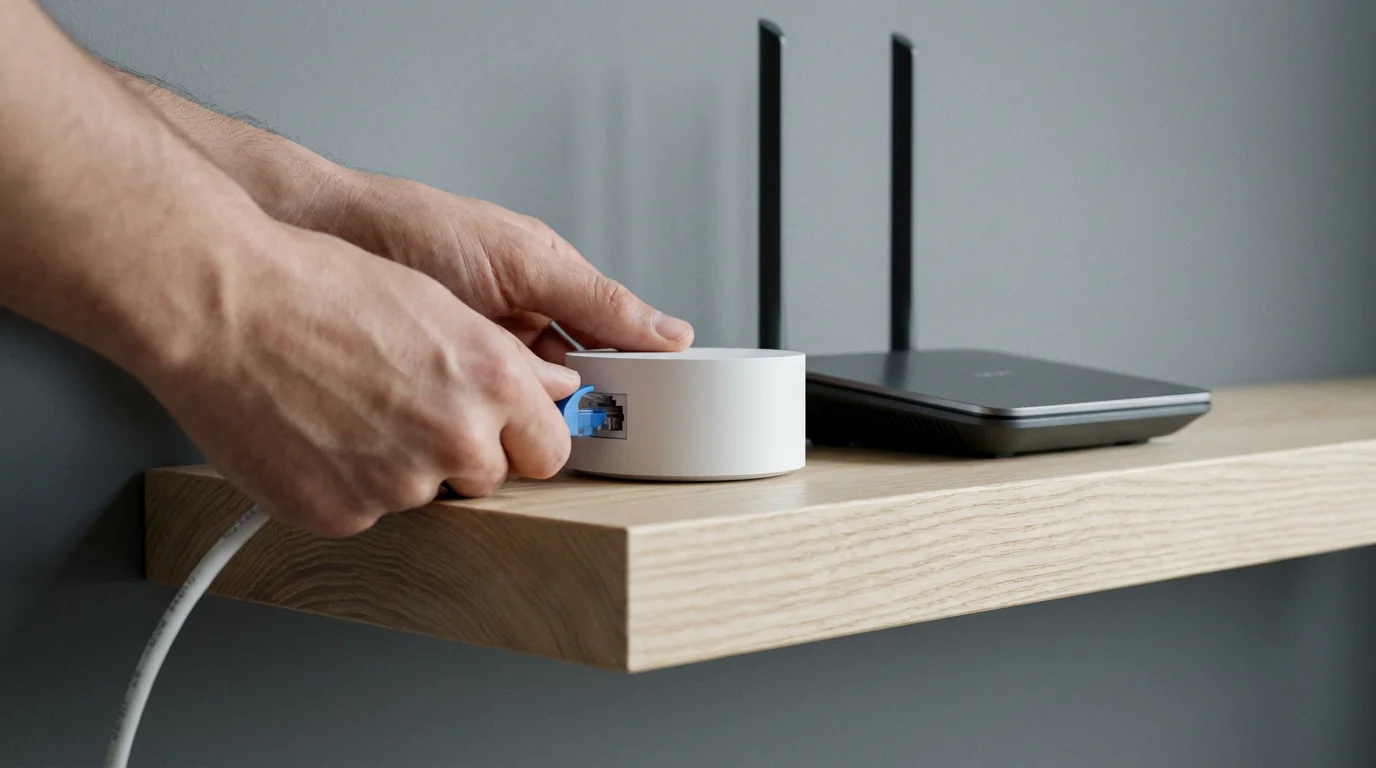 A close-up of hands plugging an ethernet cable into a smart home hub.