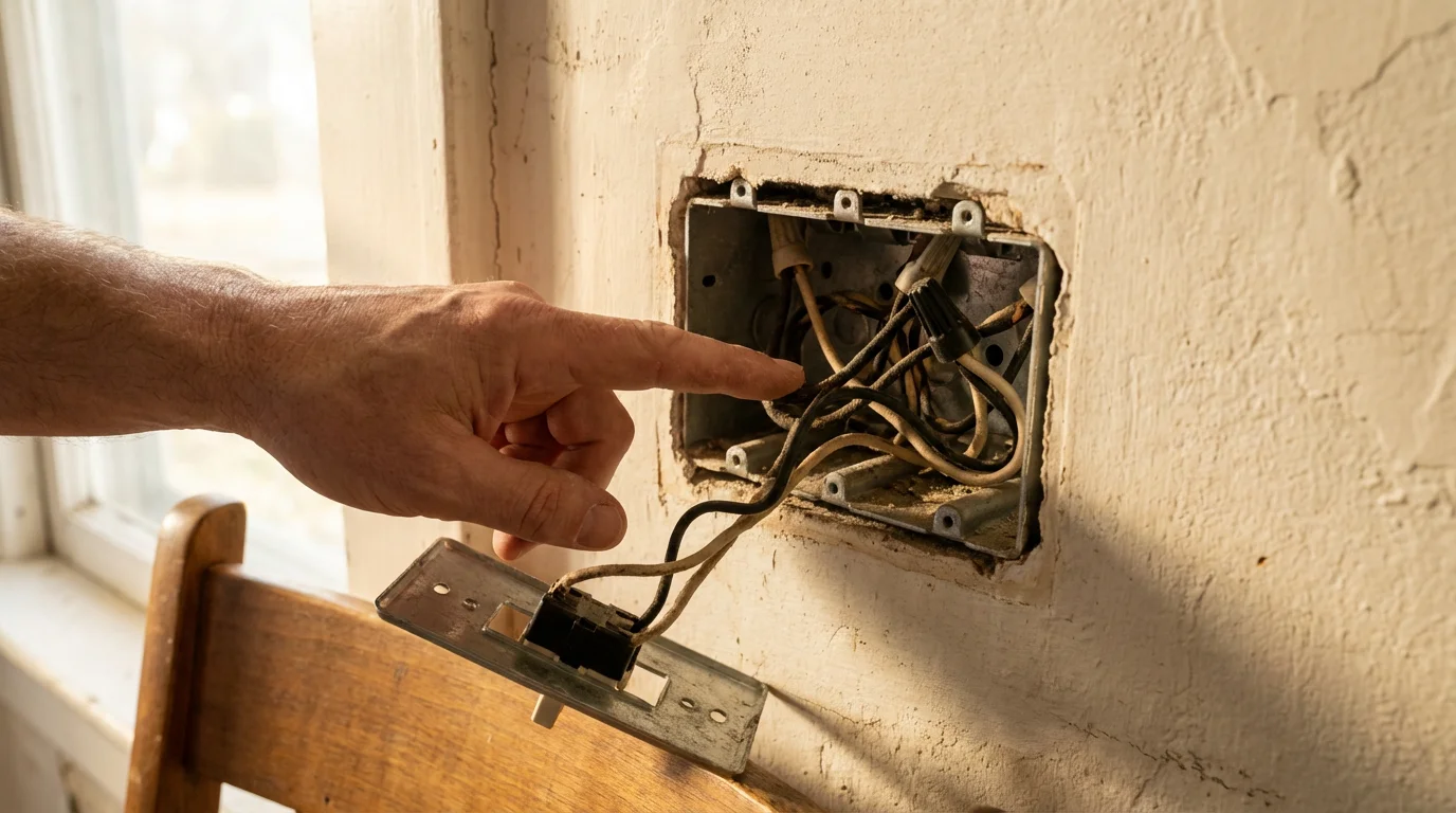 A close-up of old, two-wire electrical wiring being inspected inside a wall switch box.
