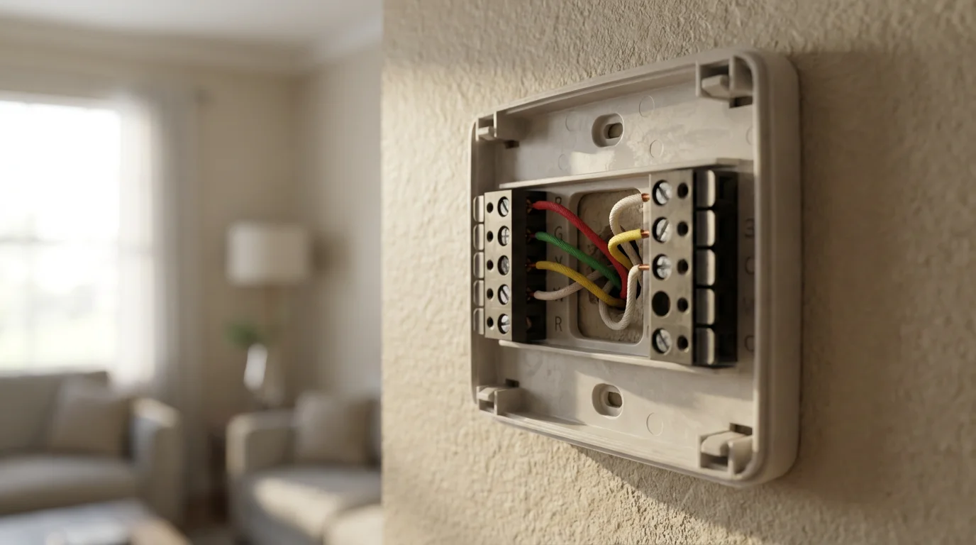 A close-up of thermostat wiring on a wall with a missing C-wire.