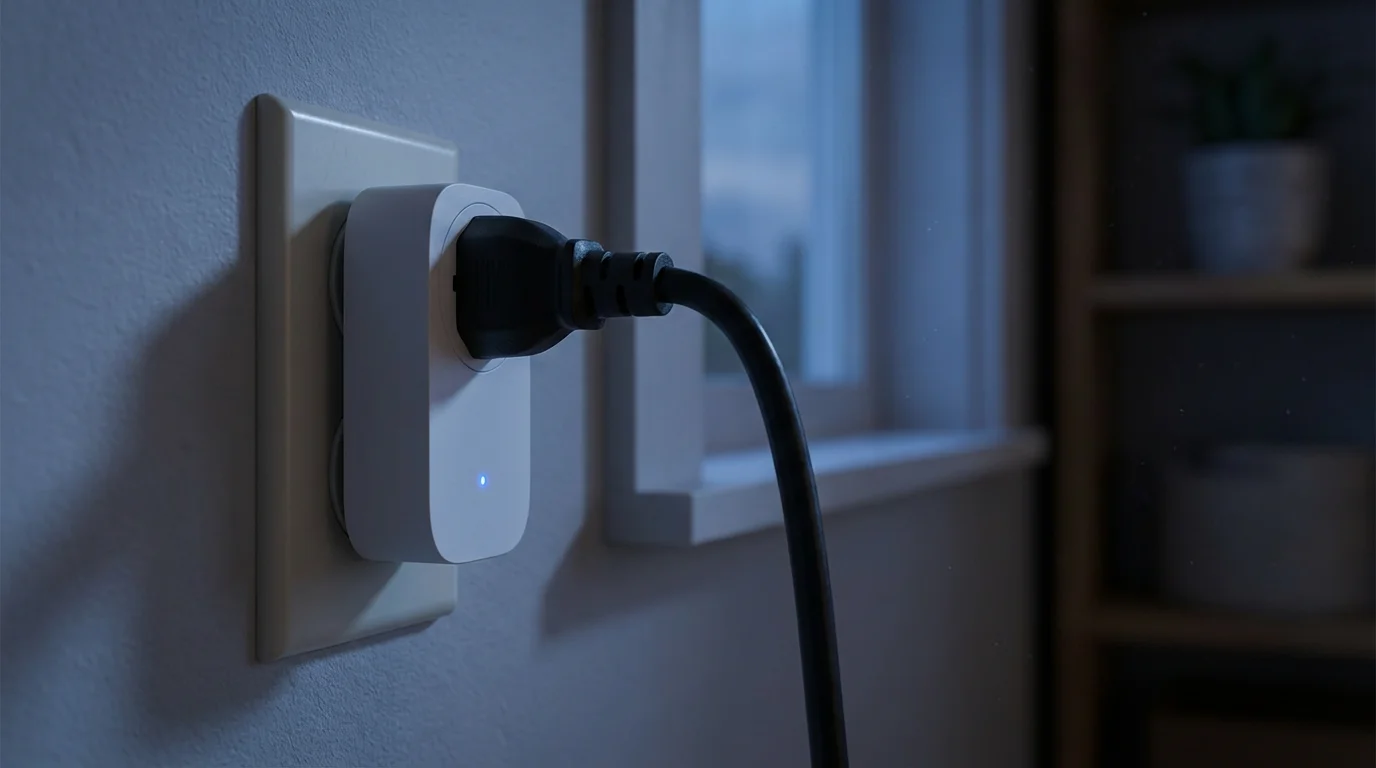 A close-up photo of a smart plug in a wall outlet at dusk.