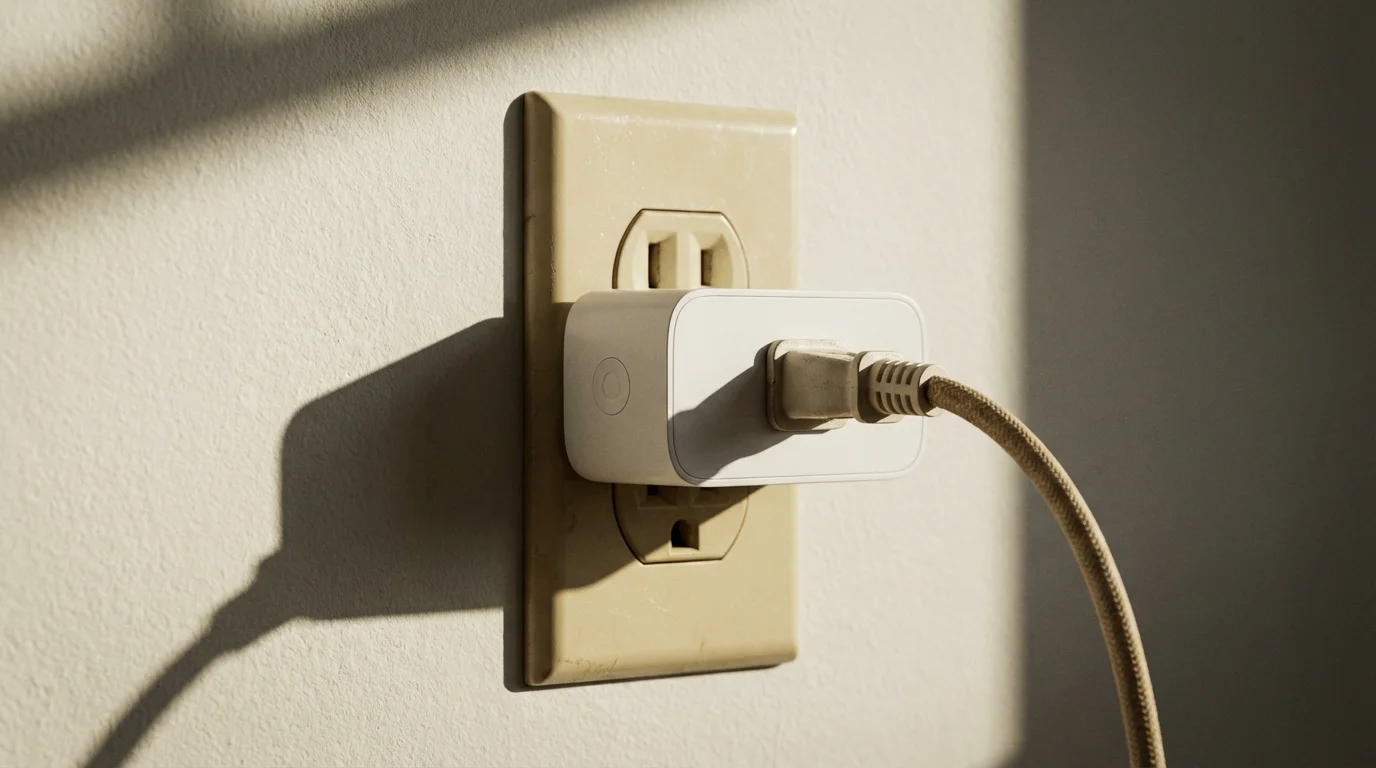 A close-up photograph of a white smart plug in a vintage wall socket.