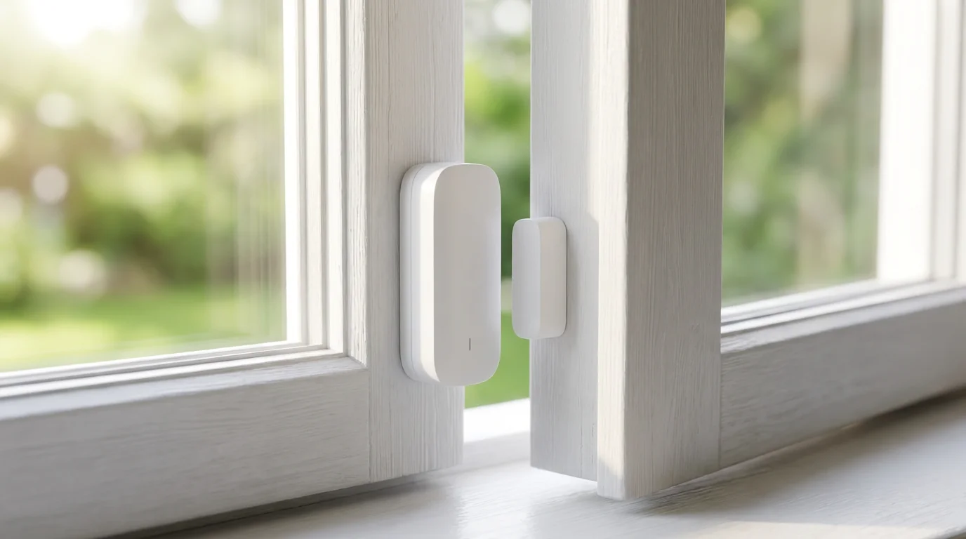 A close-up photorealistic image of a white smart sensor on a sunlit window frame.
