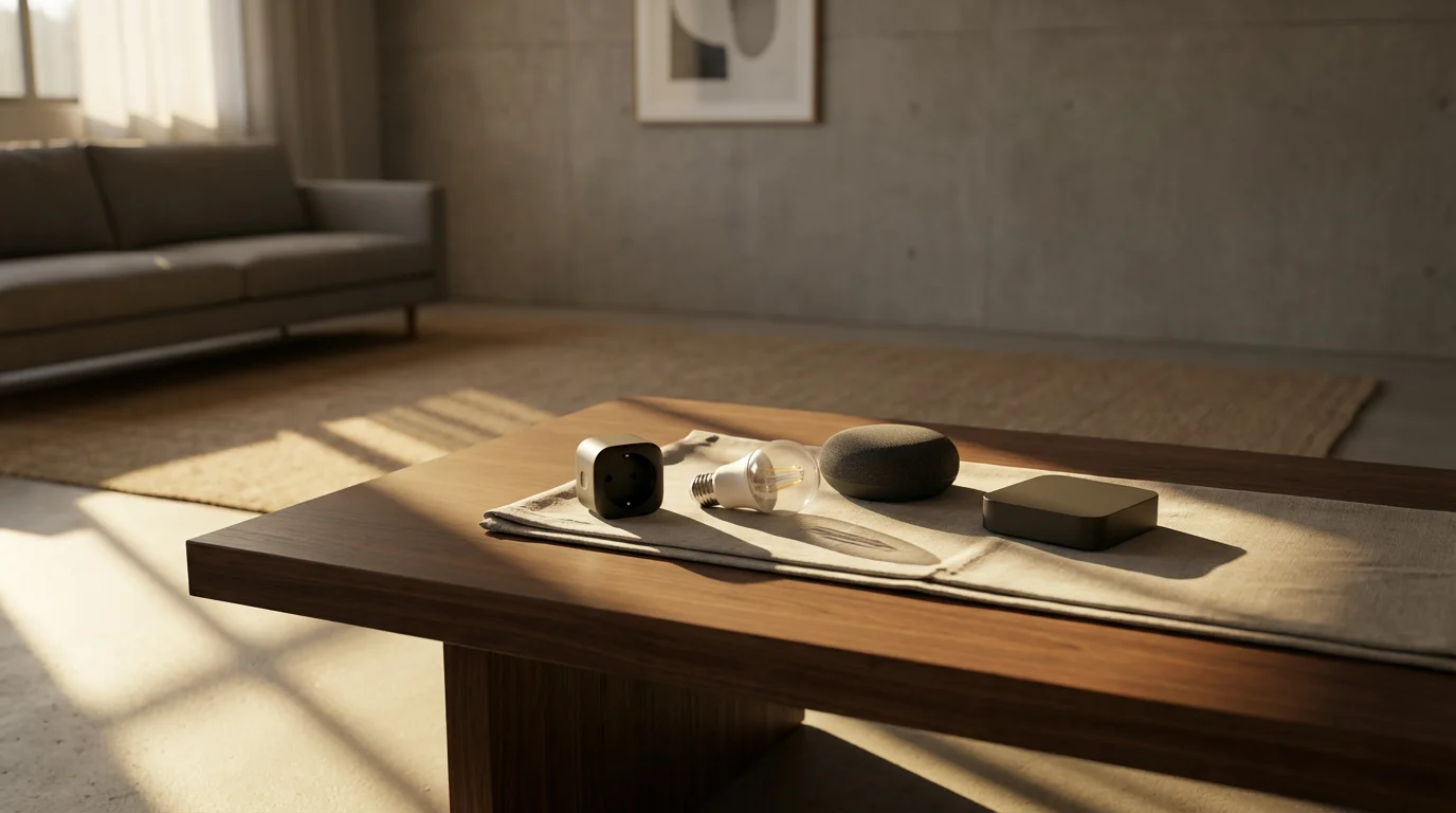 A collection of smart home devices laid out on a coffee table with long shadows.