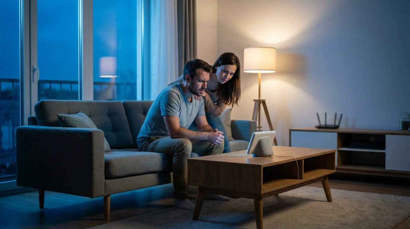 A couple troubleshooting a smart display in their living room during the blue hour.