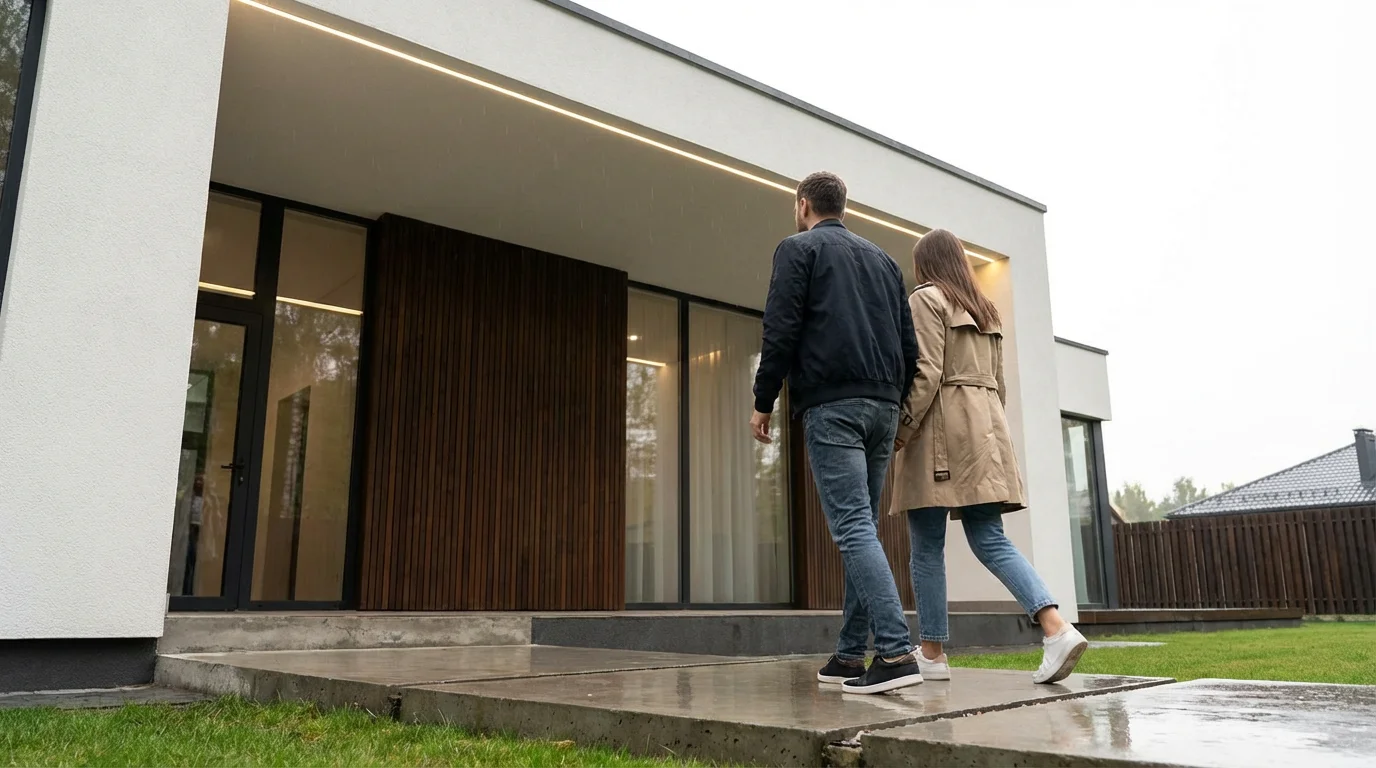 A couple walks towards the front door of their modern, automated smart home.