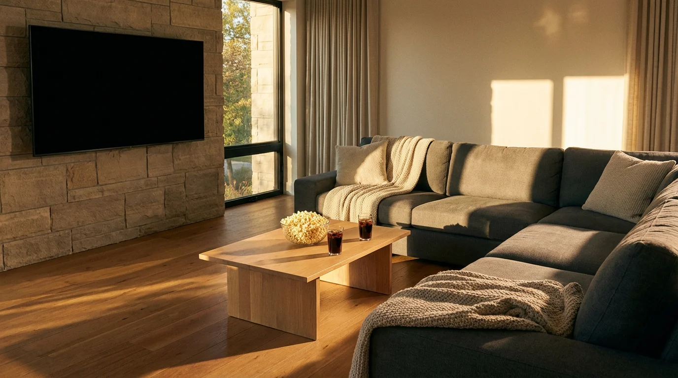 A cozy modern living room set for movie night during a warm golden hour.