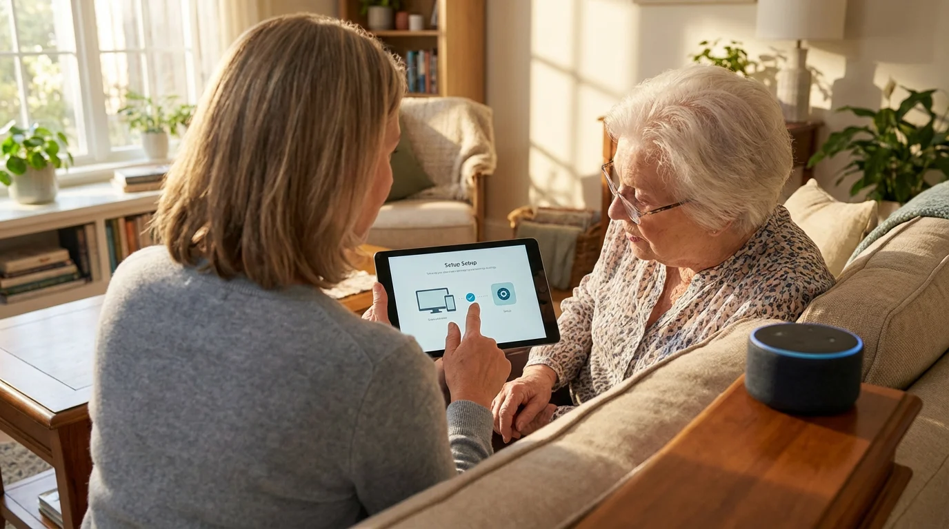 A daughter helps her elderly mother set up a voice assistant using a tablet.