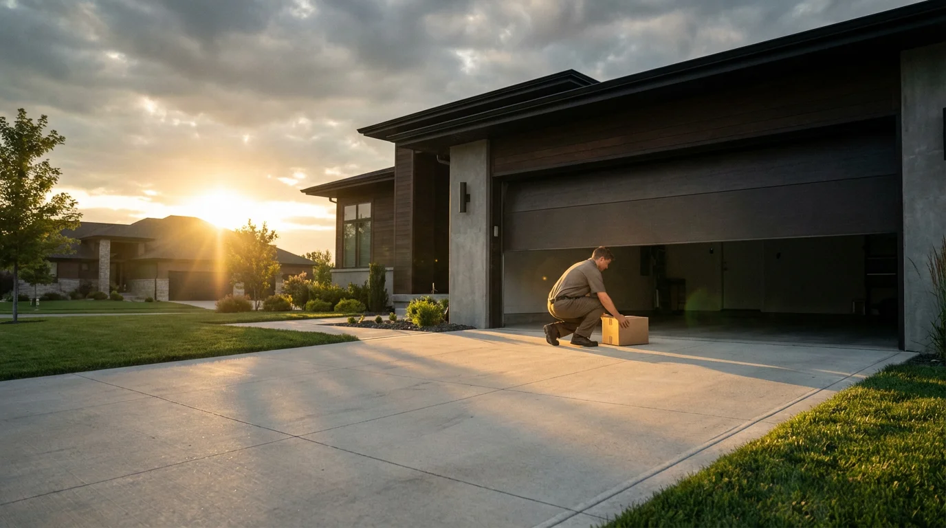A delivery driver places a package inside a partially open garage in late afternoon.