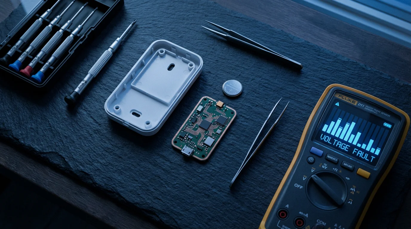 A disassembled smart room temperature sensor and troubleshooting tools on a dark slate surface.