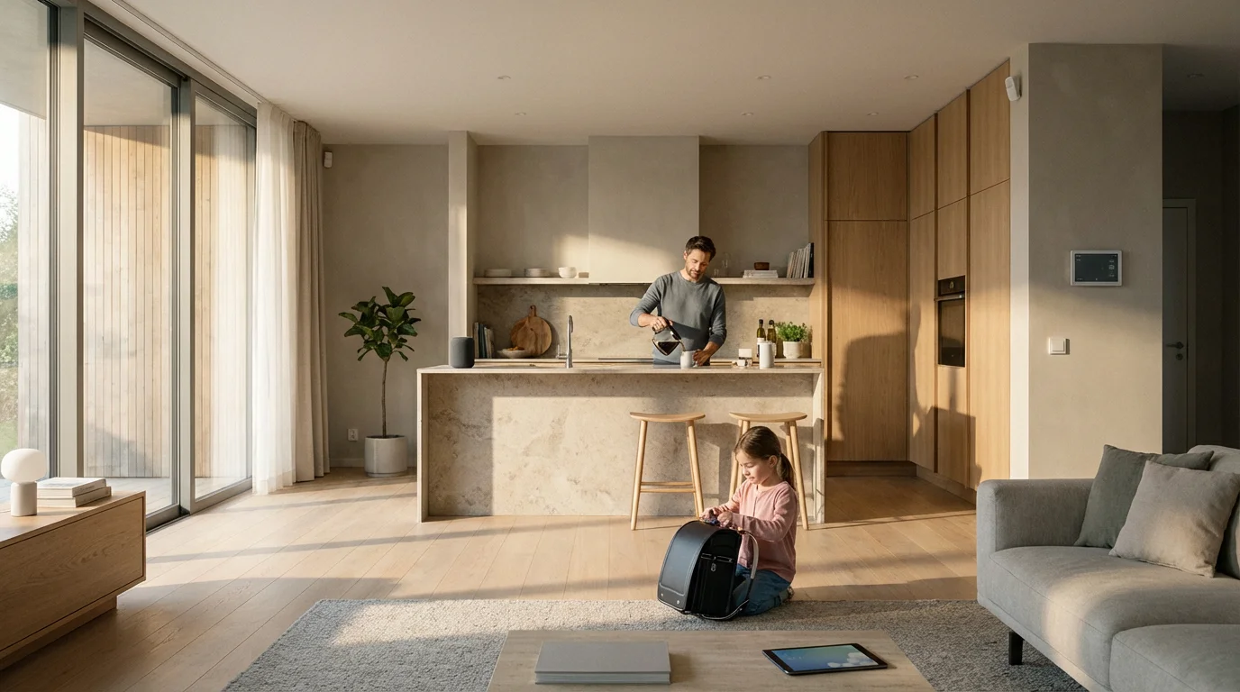 A father and daughter in a modern, open-plan smart home during a calm morning routine.