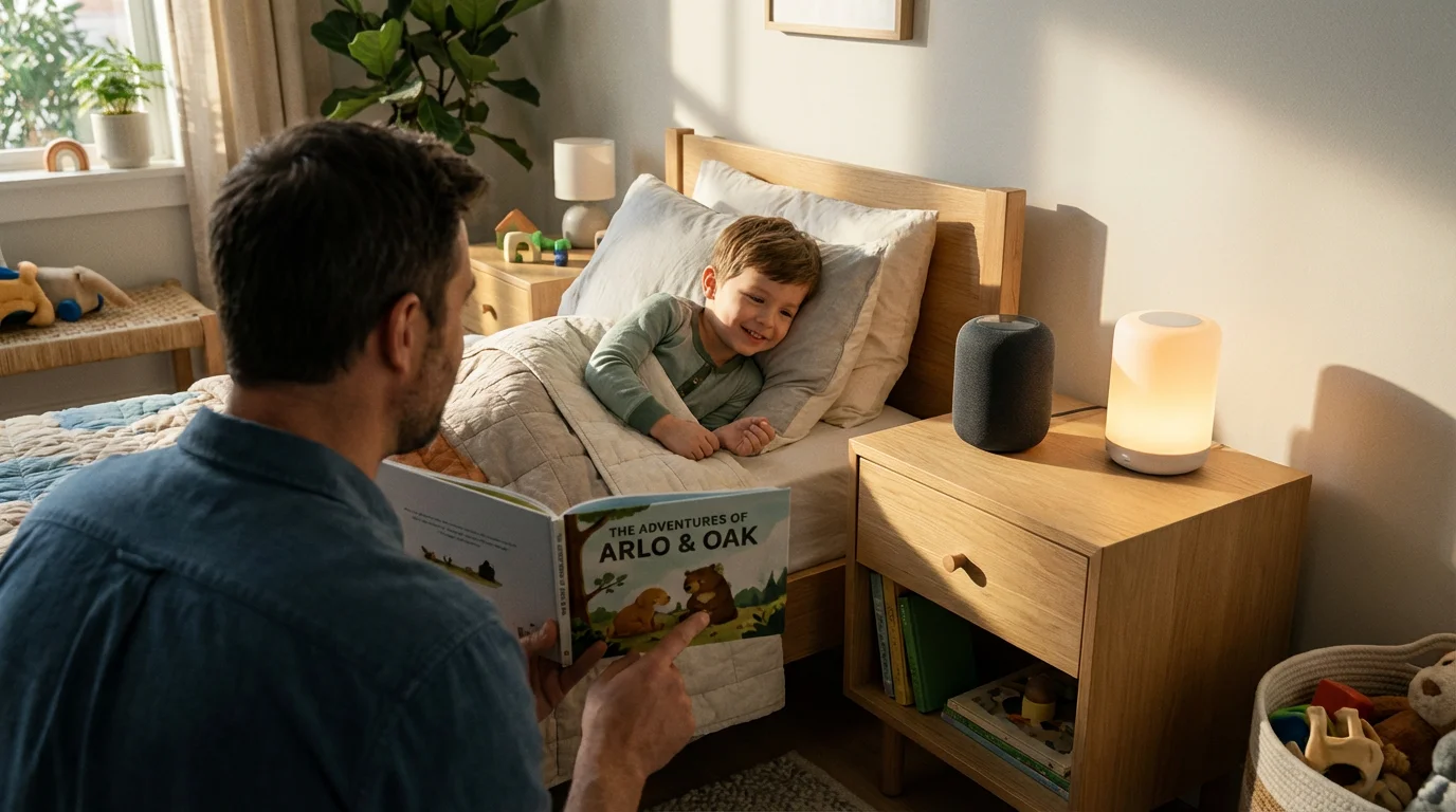 A father reads a bedtime story to his son with a smart speaker nearby.