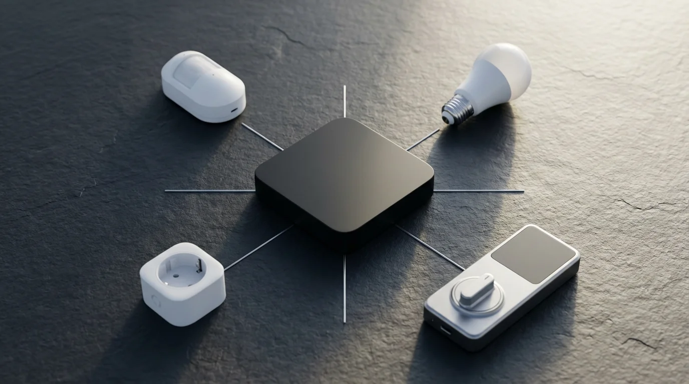 A flat lay of a central smart home hub connected to various smart devices.