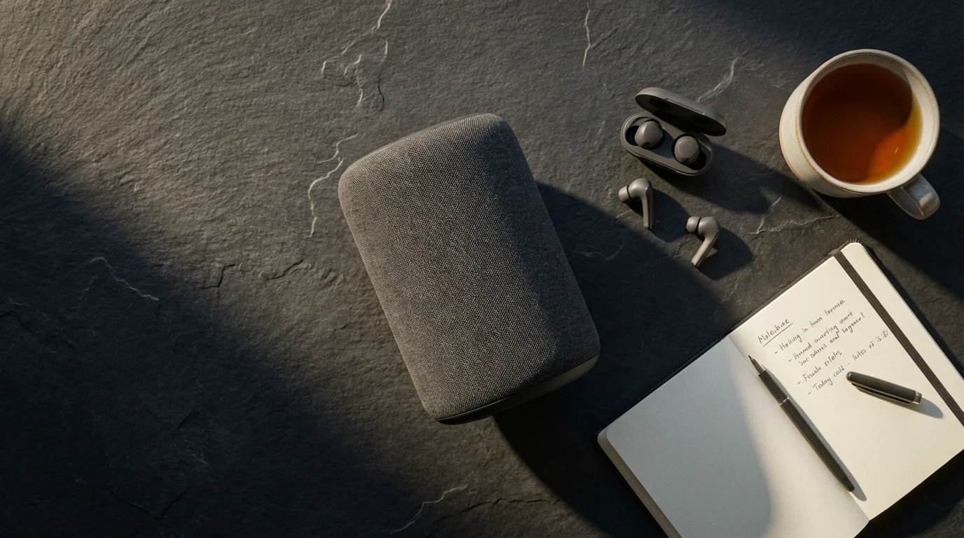 A flat lay of a dark gray smart speaker on a slate surface with headphones and a notebook.