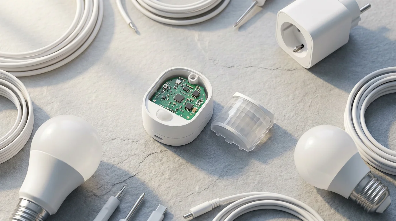 A flat lay of a deconstructed motion sensor with a smart bulb and plug.
