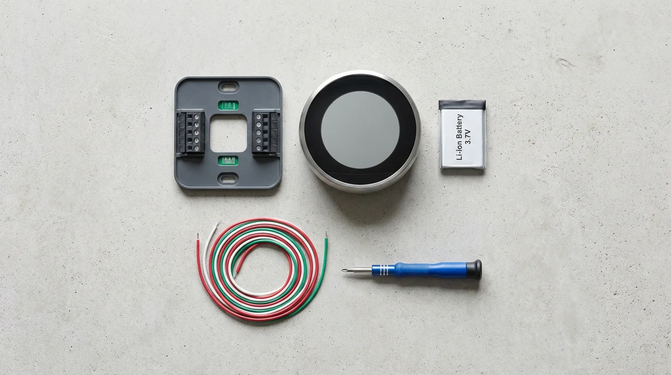 A flat lay of a disassembled smart thermostat showing its internal rechargeable battery components.