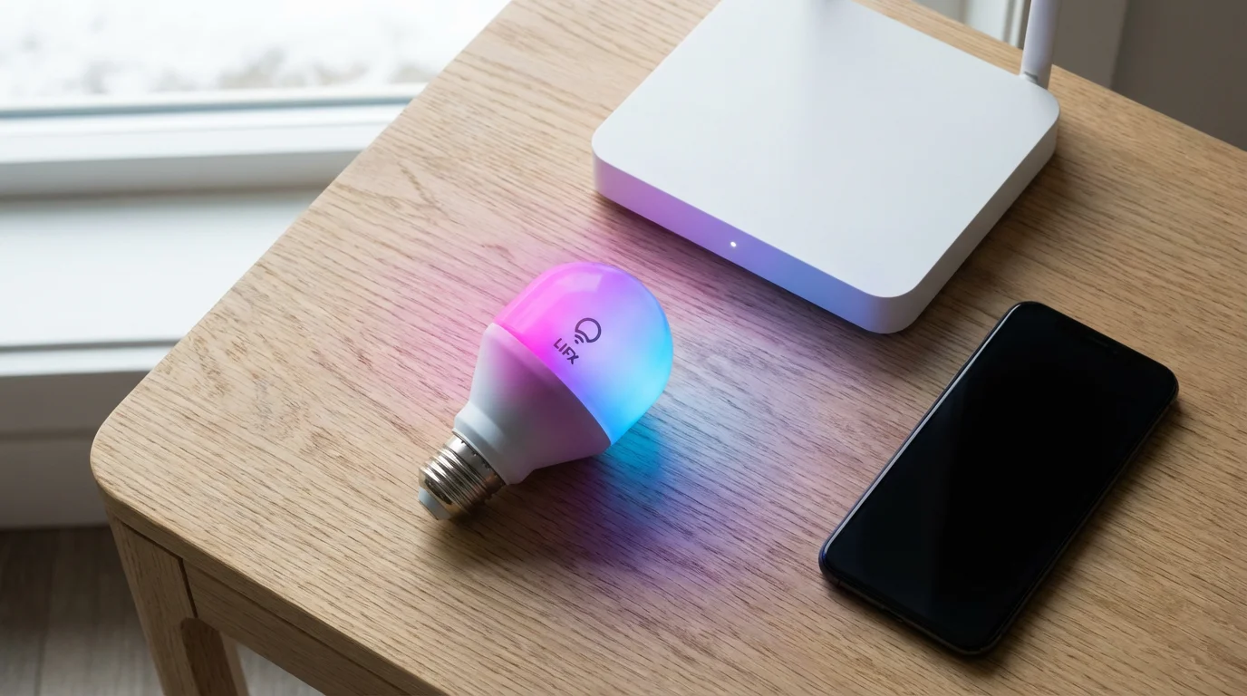 A flat lay of a glowing LIFX smart bulb, a Wi-Fi router, and a smartphone.