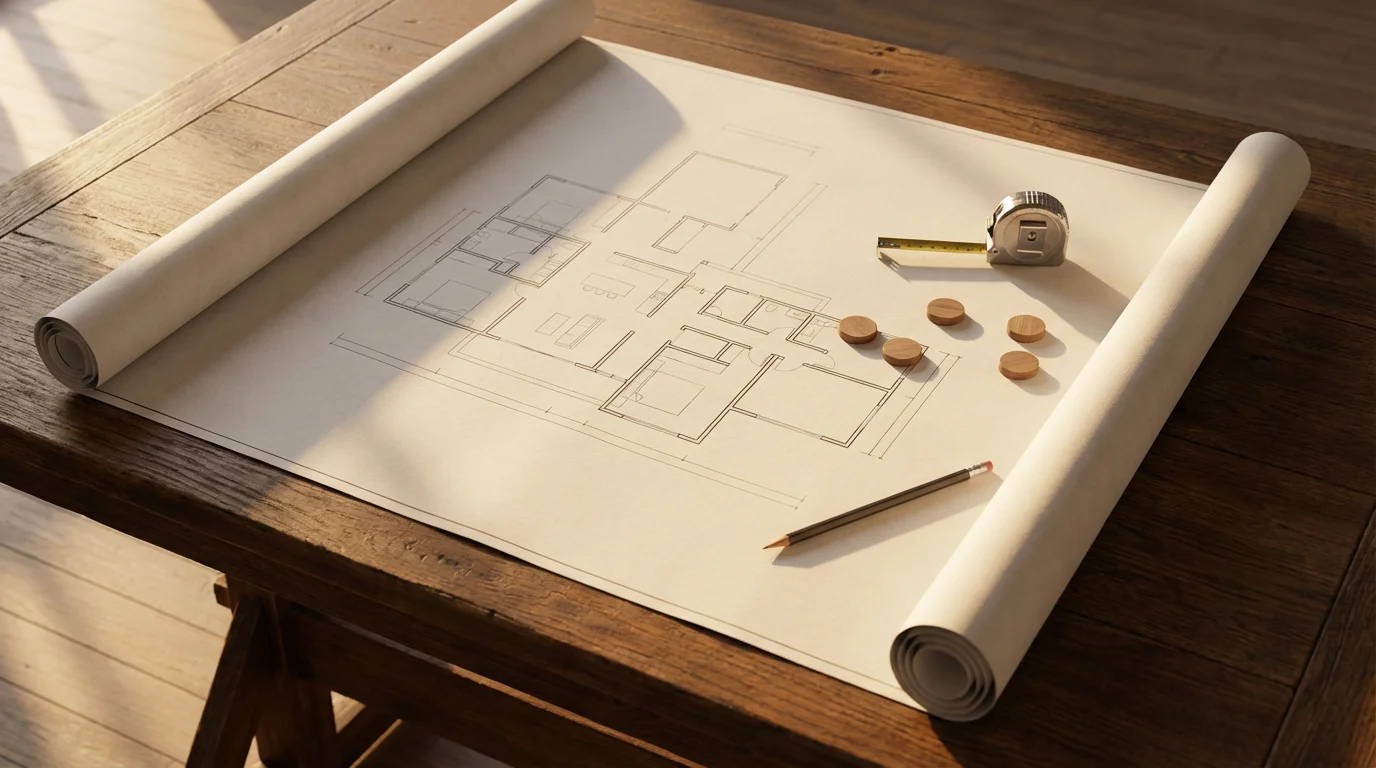 A flat lay of a home blueprint with a tape measure and markers.