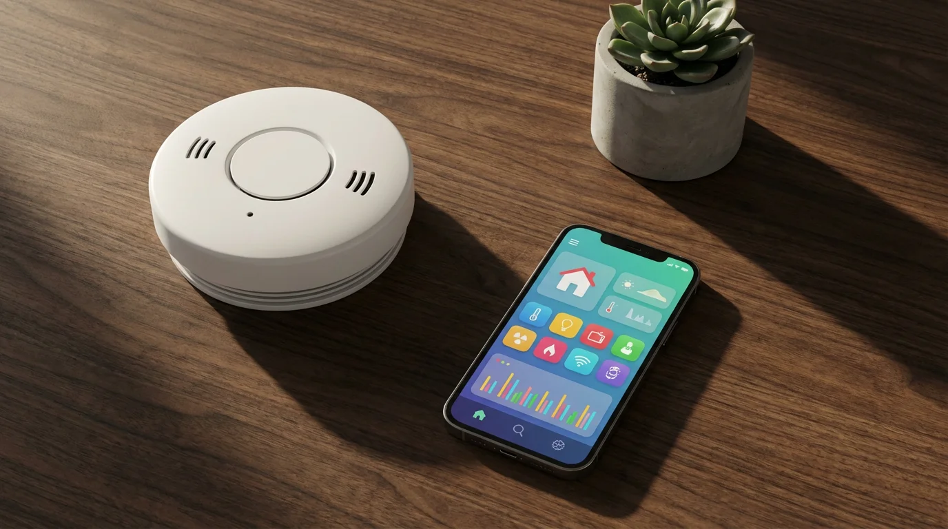 A flat lay of a modern smart smoke detector and a smartphone on a table.