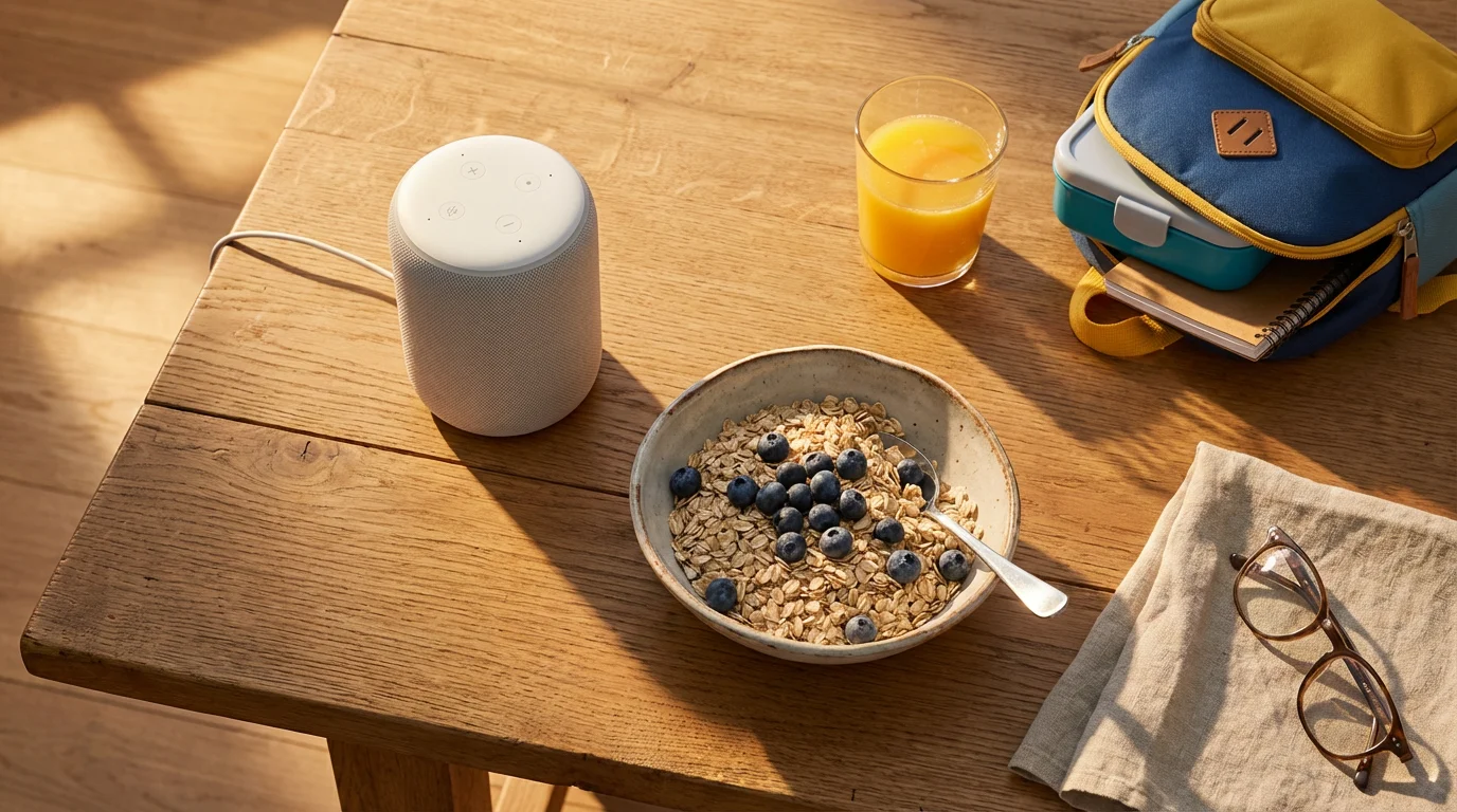A flat lay of a smart speaker, a bowl of oatmeal, and a child's backpack.