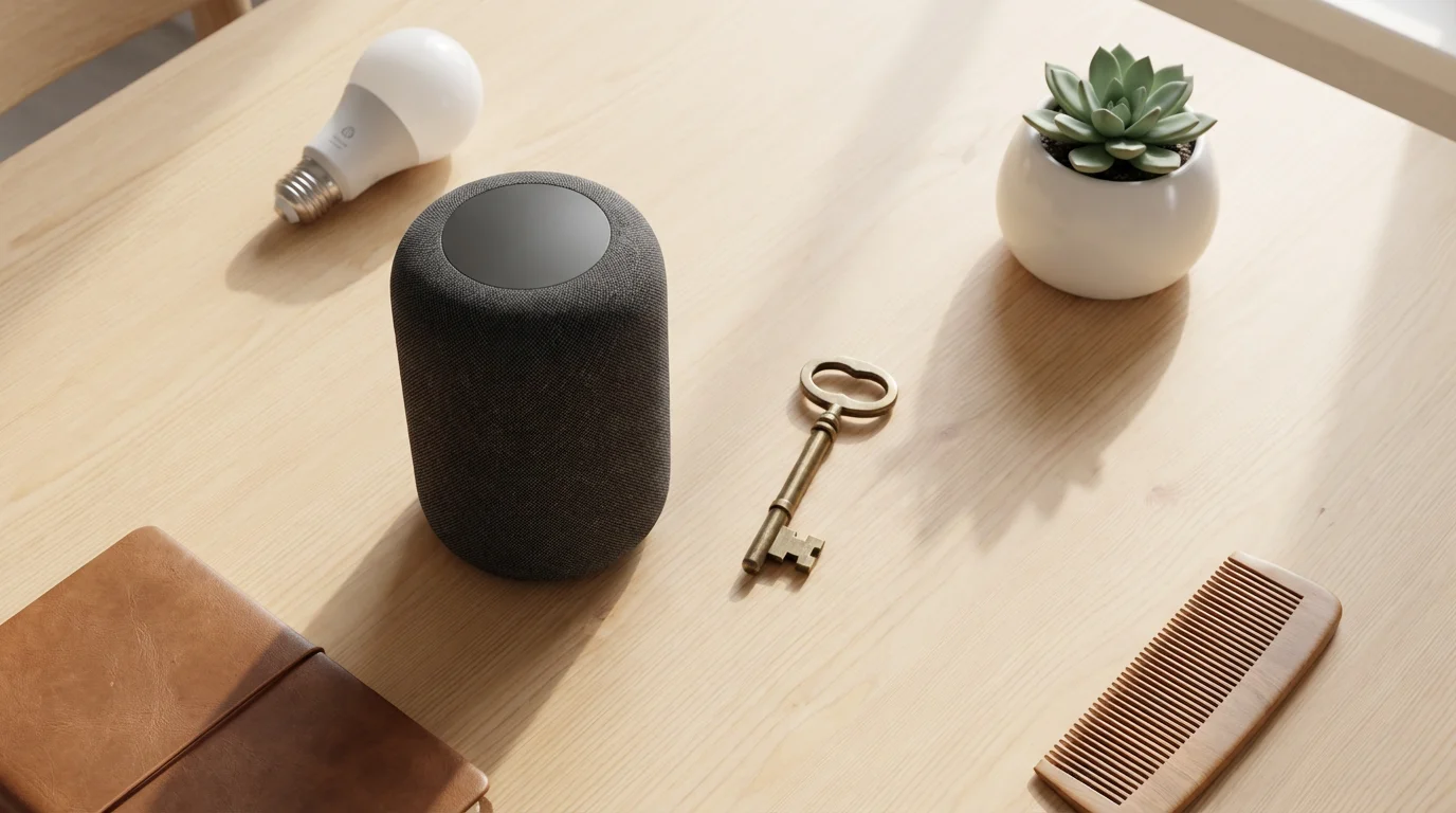 A flat lay of a smart speaker next to an antique brass key.
